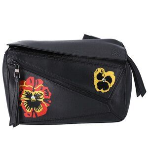 Loewe Small Puzzle Bum Bag Calfskin Pansies Black Flowers